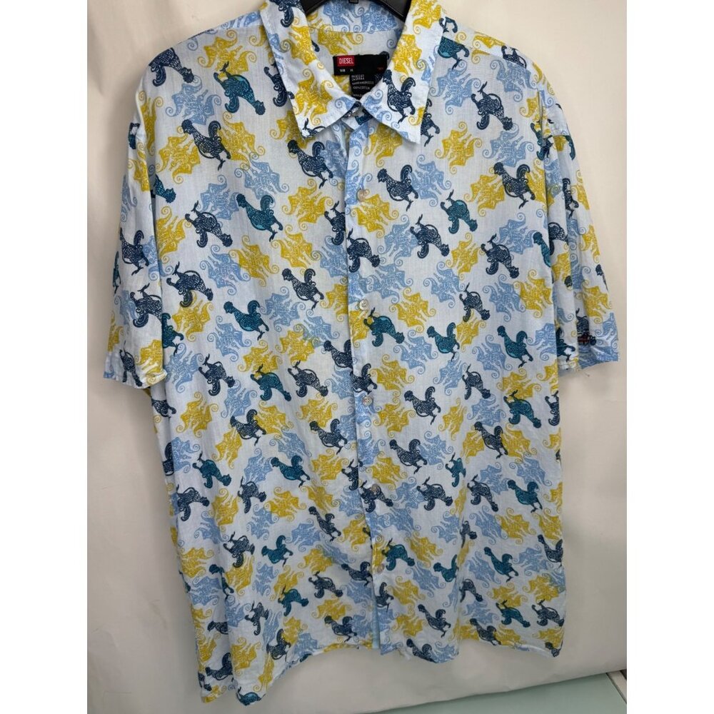 Diesel Men Hawaiian Shirt XL Rooster All Over Print Button Up Lightweight